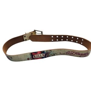 Vtg Ed Hardy Leather Belt Womens S Multicolor Eyelet Silver Double Pin Buckle